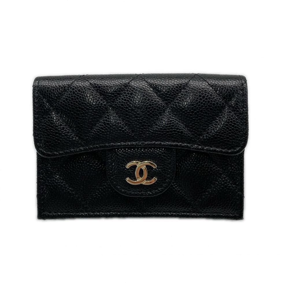 CHANEL Matelassé Compact Wallet AP0230 Tri-fold Black Caviar Leather Women's